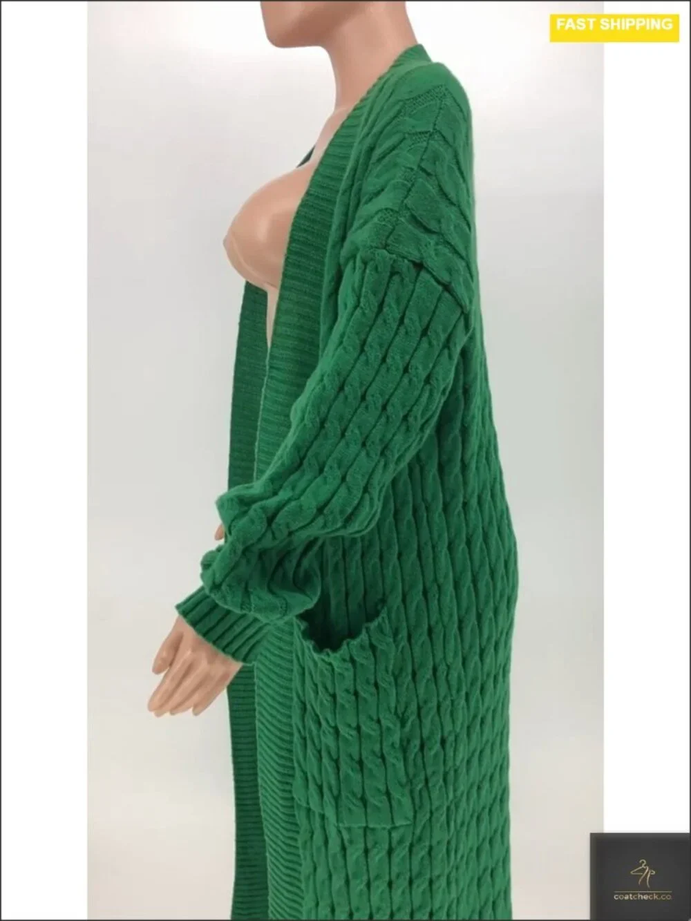 Plus Size Chunky Cable Knit Duster Cardigan Open Front Long Sleeve with Pockets
